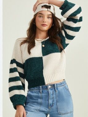 Altrd State Large Striped Colorblock Cropped Sweater - Cream & Dark Green